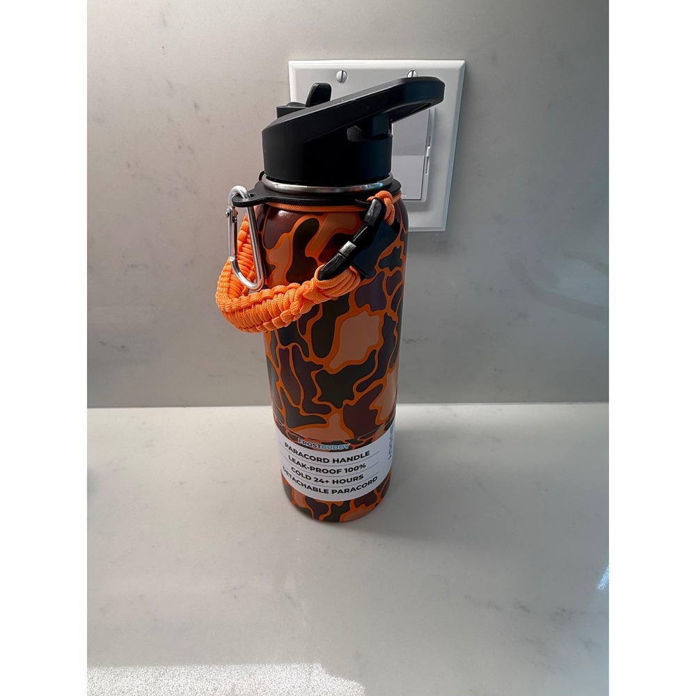 Frost Buddy Camo Insulated Water Bottle Orange Paracord Handle Compass Whistle